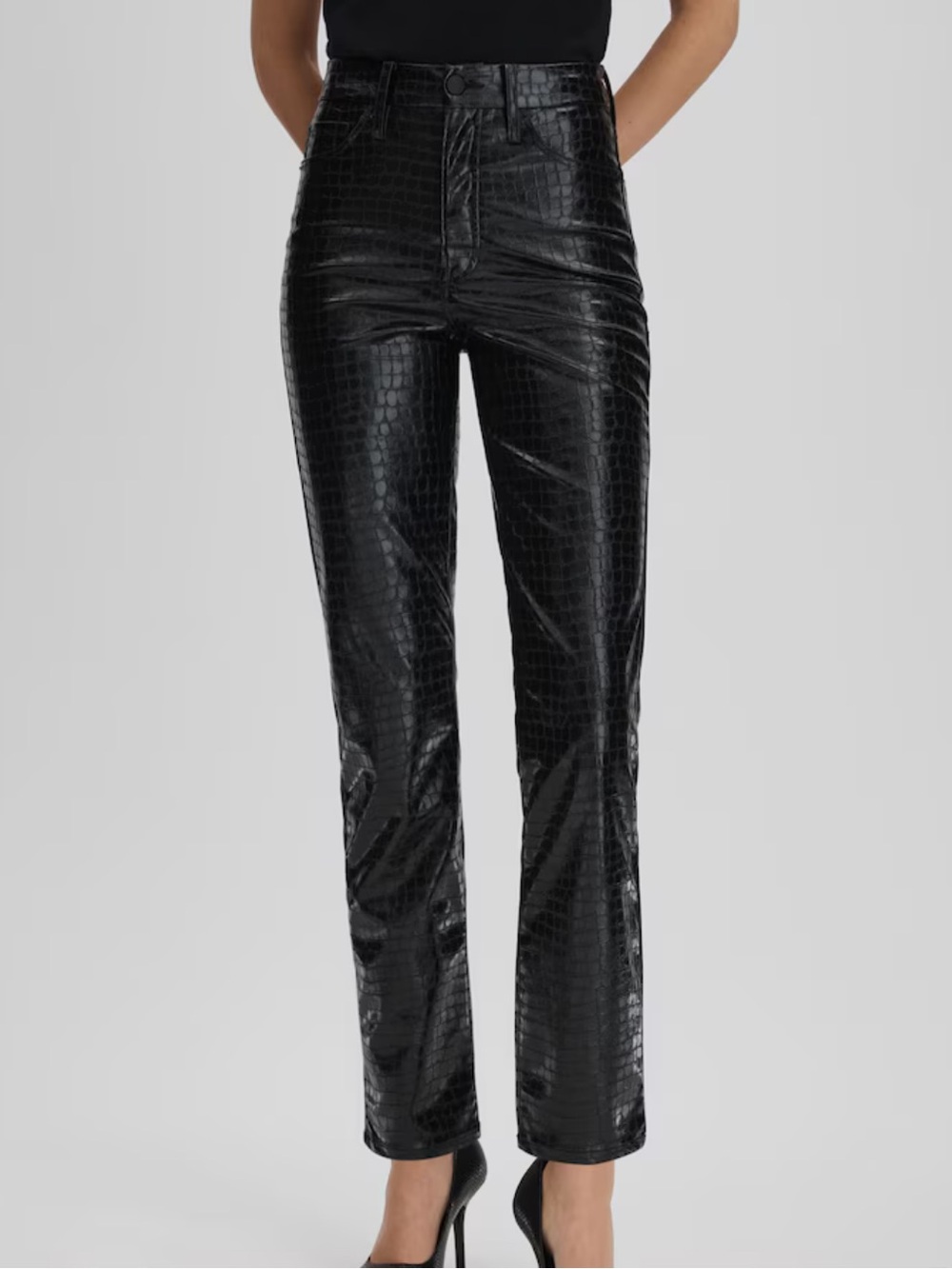 Good American Slim Straight Croc-Embossed Faux Leather Black Pants Size 4